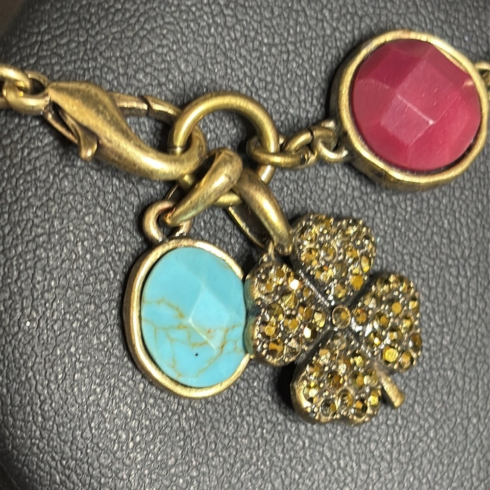 Lucky Brand Boho Charm Antique Gold Chain Clover Turquoise Bracelet Engraved - Picture 6 of 8